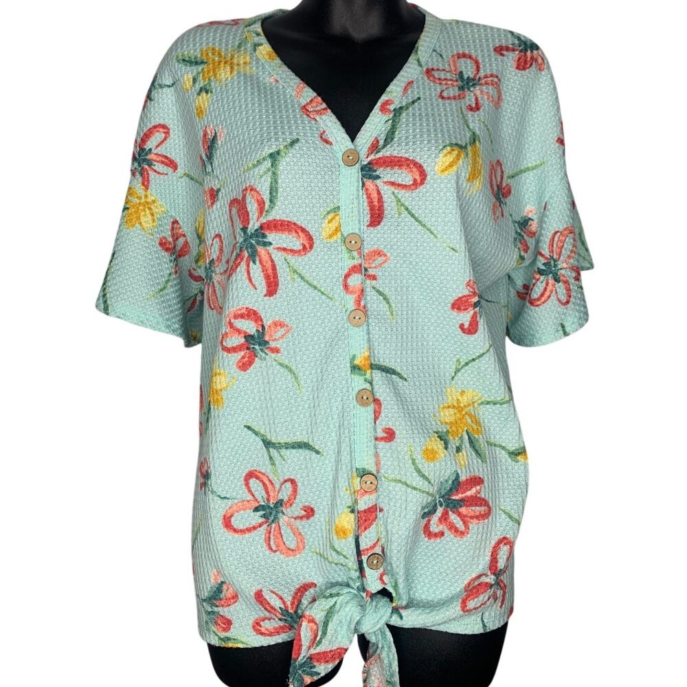 Shop Basic Women's Medium Waffle Knit Sea Green Floral Short Sleeve Tie Shirt